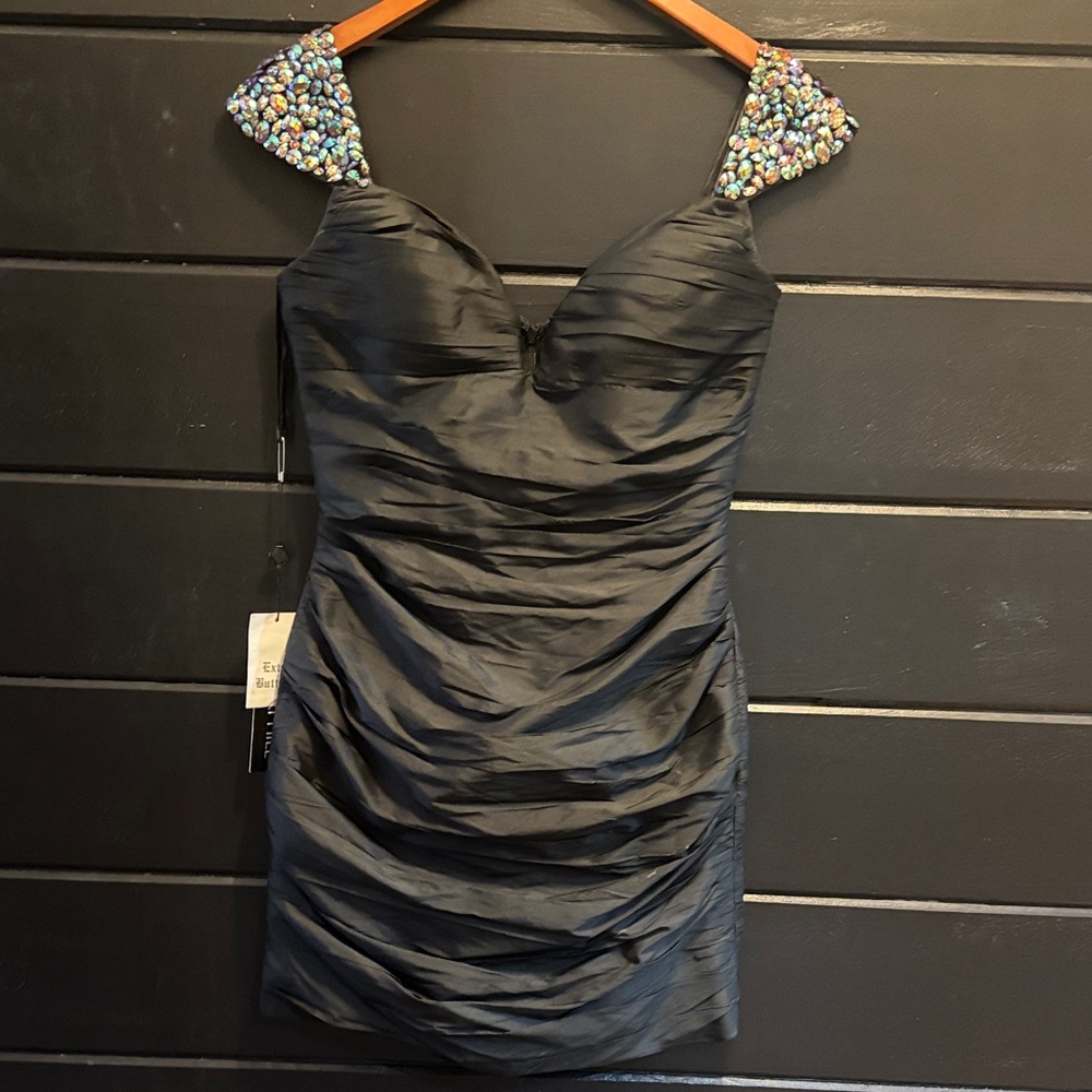 Sherri Hill Black Mini Dress with Colorful Embellished Shoulders